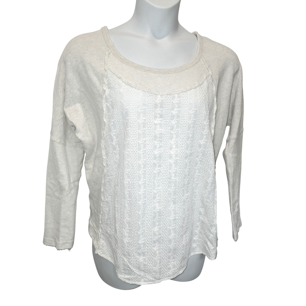 Free People Mix Media Tunic Pullover Sweatshirt Top Sz Medium Cream Oversized - Picture 7 of 15